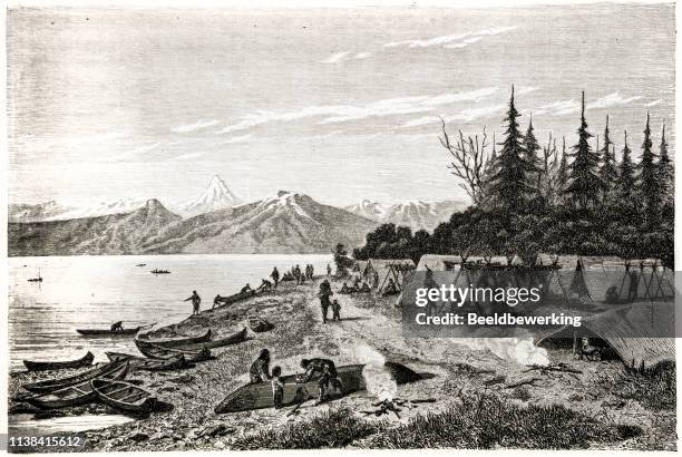 native american tent camp on the yukon river - vancouver canada stock illustrations