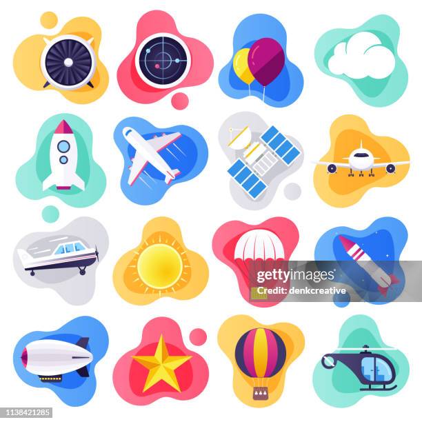 kommerzielle airline travel flat liquid style vector vector icon set - luftfahrtindustrie stock-grafiken, -clipart, -cartoons und -symbole