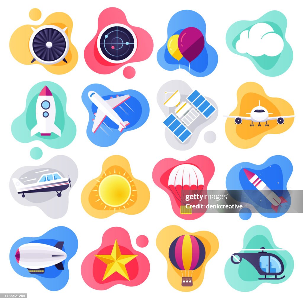 Commerciële luchtvaartmaatschappij reizen platte vloeibare stijl Vector Icon set