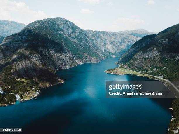 aerial view of fjord and turquoise colored lake in norway - fjord stock pictures, royalty-free photos & images