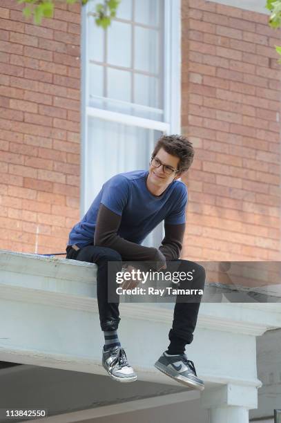 Actor Andrew Garfield films a scene at the "Amazing Spider-Man" movie set in Windsor Terrace on May 7, 2011 in New York City.