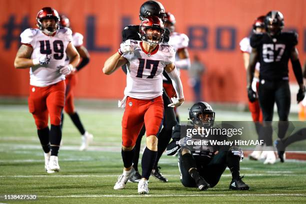 Reece Horn of the Memphis Express celebrates after making a big catch during a game against the Birmingham Iron at the Liberty Bowl Memorial Stadium...