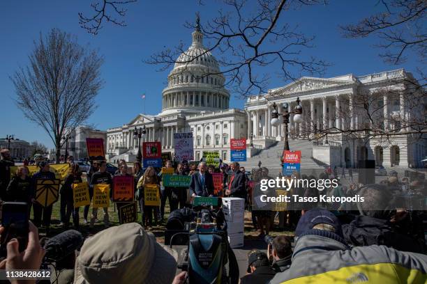 Senator Edward Markey, speaks on Capitol Hill on March 26, 2019 in Washington, DC. Protesters called for climate action in Congress and to blast...
