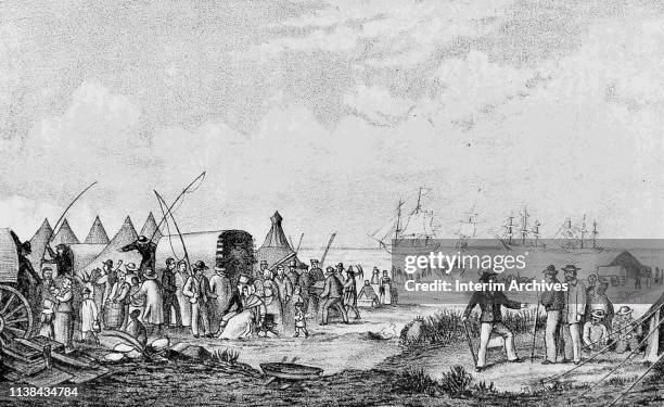 Illustration showing the arrival of the British settlers in Algoa Bay, South Africa, 1820. It was originally published in John Noble's 'History,...