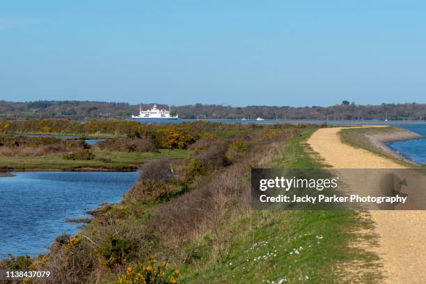the beautiful coastal marshes and lagoons of the lymington and keyhaven nature reserve on the edge of the solent overlooking the isle of wight - keyhaven photos et images de collection