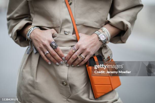 Karin Teigl wearing frankie Shop suit, Fendi bag on March 25, 2019 in Augsburg, Germany.