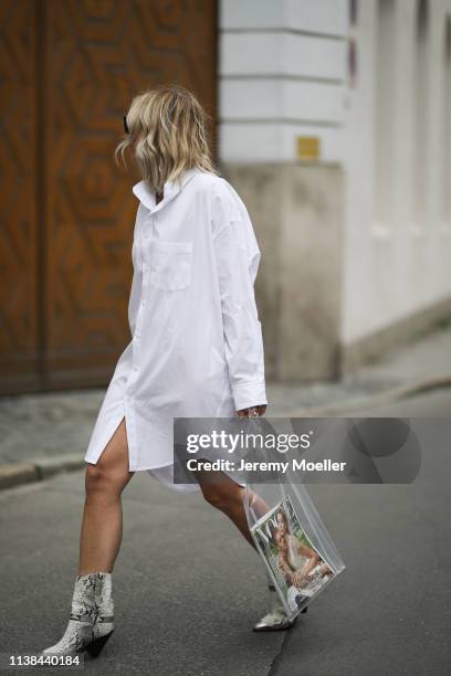 Karin Teigl wearing CYK by constantly k shirtdress, Gina tricot bag, Isabel Marant boots, Saint Laurent sunnies on March 25, 2019 in Augsburg,...