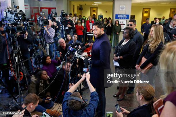 Actor Jussie Smollett speaks with members of the media after his court appearance at Leighton Courthouse on March 26, 2019 in Chicago, Illinois. This...