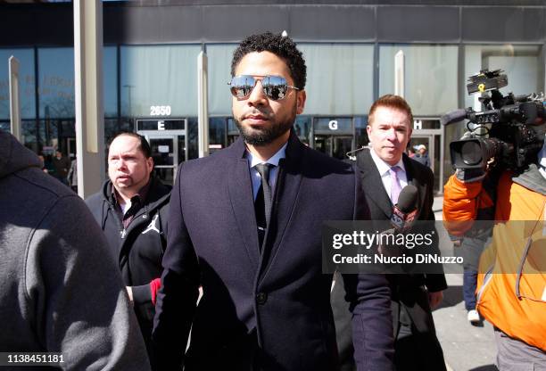 Actor Jussie Smollett leaves the Leighton Courthouse after his court appearance on March 26, 2019 in Chicago, Illinois. This morning in court it was...