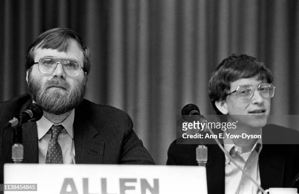 View of American home computer pioneers, Asymetrix Corporation founder Paul Allen and Microsoft Corporation co-founder Bill Gates during a panel...