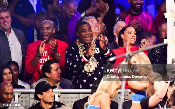 Charlamagne tha God, Tracy Morgan and Megan Wollover attend WBO welterweight title fight between Terence Crawford and Amir Khan at Madison Square...