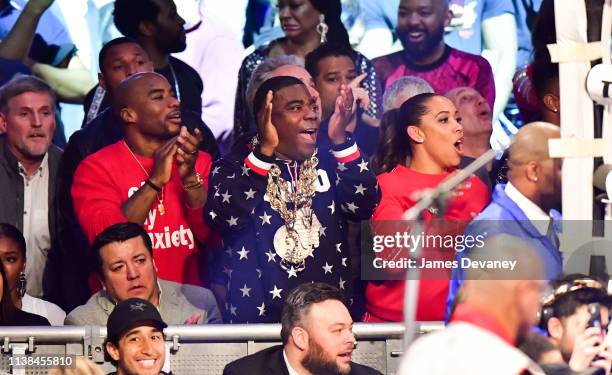 Charlamagne tha God, Tracy Morgan and Megan Wollover attend WBO welterweight title fight between Terence Crawford and Amir Khan at Madison Square...