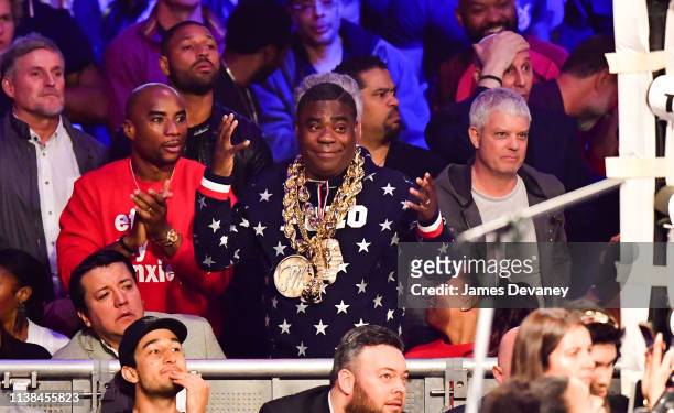 Charlamagne tha God and Tracy Morgan attend WBO welterweight title fight between Terence Crawford and Amir Khan at Madison Square Garden on April 20,...