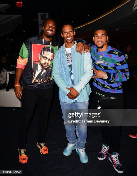 Kevin White, Victor Cruz and Cre'Von LeBlanc attend Top Rank VIP party prior to the WBO welterweight title fight between Terence Crawford and Amir...