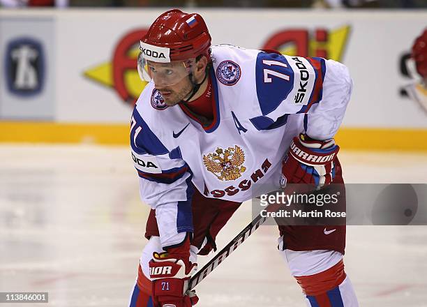Ilya Kovalchuk of Russia looks on during the IIHF World Championship qualification match between Czech Republic and Russia at Orange Arena on May 8,...