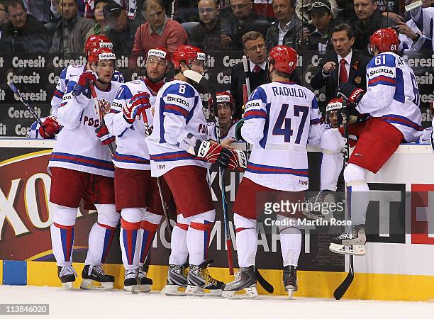 Vyacheslav Bykov , heaqd coach of Russia gives instructions during the IIHF World Championship qualification match between Czech Republic and Russia...