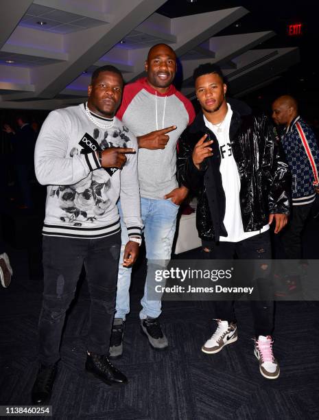 Guest, Brandon Jacobs and Saquon Barkley attend Top Rank VIP party prior to the WBO welterweight title fight between Terence Crawford and Amir Khan...