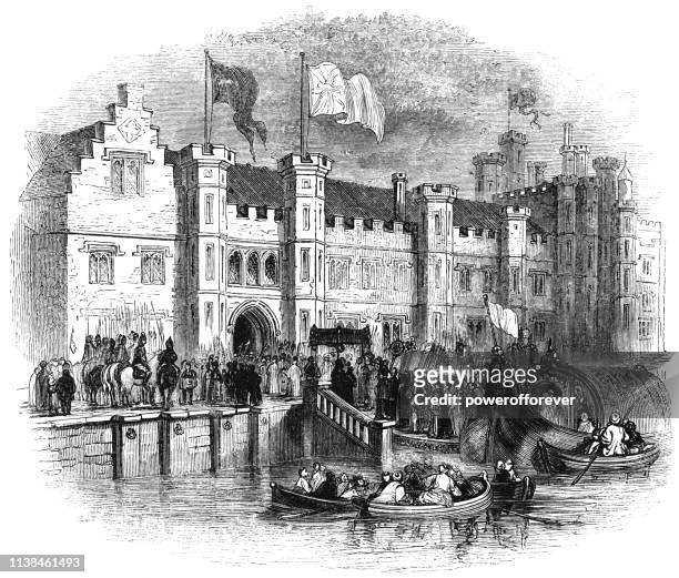 royal family returning to palace of placentia after elizabeth ist’s christening in greenwich, england - 16th century - queen elizabeth stock illustrations