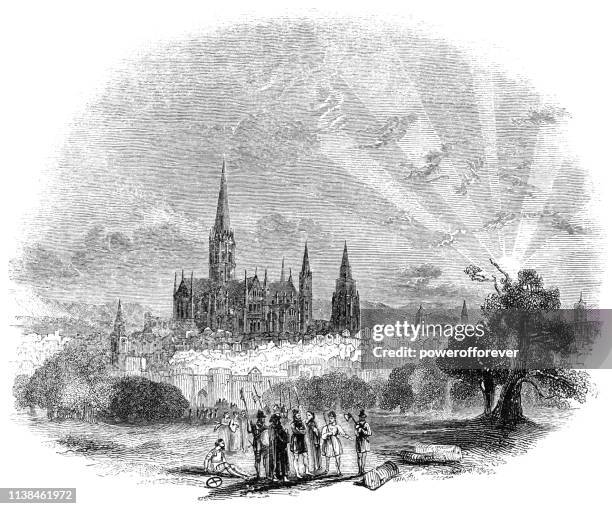 salisbury in wiltshire, england - 15th century - salisbury cathedral stock illustrations