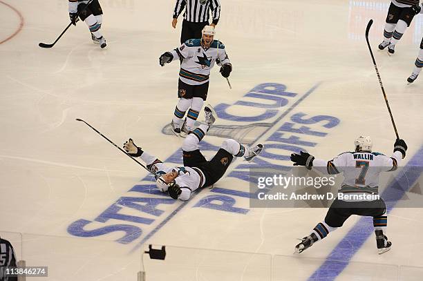 Joe Thornton of the San Jose Sharks reacts after scoring the series winning goal against the Los Angeles Kings in Game Six of the Western Conference...