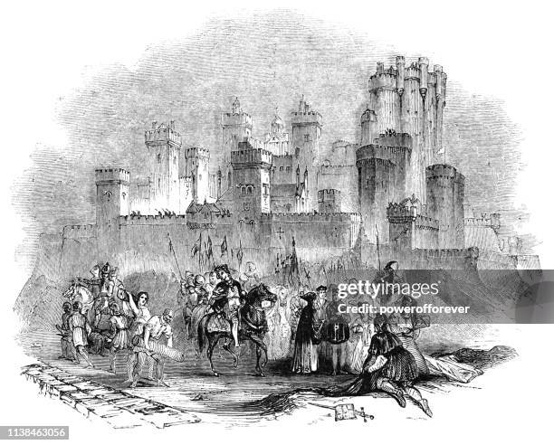 sir richard ratcliffe executing lord grey, lord rivers and sir thomas vaughan at pontefract castle - works of william shakespeare - medieval execution stock illustrations