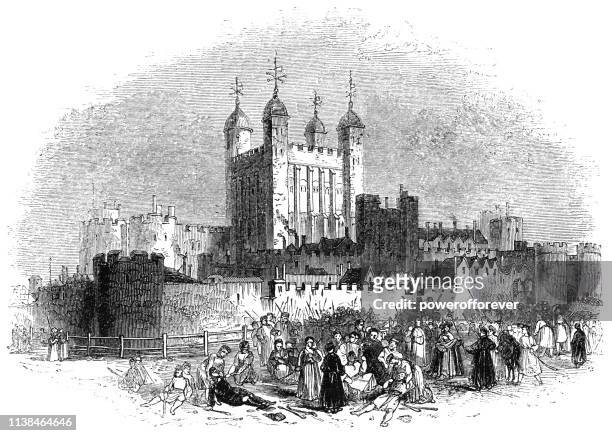 ilustraciones, imágenes clip art, dibujos animados e iconos de stock de tower hill en la torre de londres en londres, inglaterra-siglo 16 - torre de londres