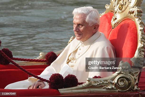 Pope Benedict XVI takes a gondola ride from Saint Mark Square to Salute Church on May 8, 2011 in Venice, Italy. Pope Benedict XVI is visiting Venice,...