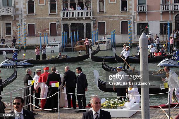 Pope Benedict XVI takes a gondola ride from Saint Mark Square to Salute Church on May 8, 2011 in Venice, Italy. Pope Benedict XVI is visiting Venice,...