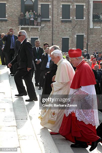 Pope Benedict XVI arrives to Salute Church on May 8, 2011 in Venice, Italy. Pope Benedict XVI is visiting Venice, some 26 years after predecessor...