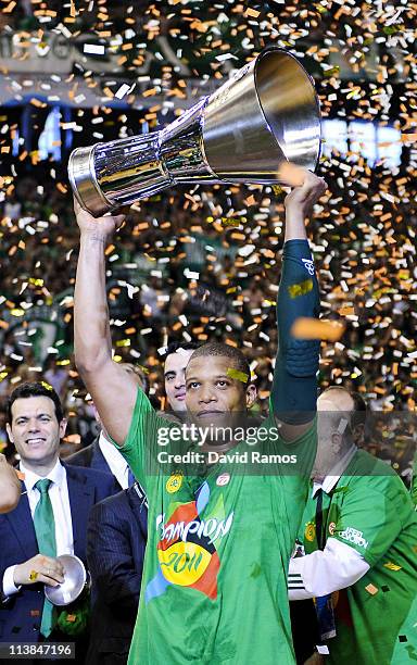 Mike Batiste of Panathinaikos holds up the trophy after winning the Turkish Airlines EuroLeague Final Four final match between Panathinaikos and...