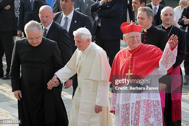 Pope Benedict XVI arrives to Salute Church on May 8, 2011 in Venice, Italy. Pope Benedict XVI is visiting Venice, some 26 years after predecessor...