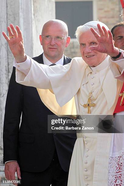 Pope Benedict XVI arrives to Salute Church on May 8, 2011 in Venice, Italy. Pope Benedict XVI is visiting Venice, some 26 years after predecessor...