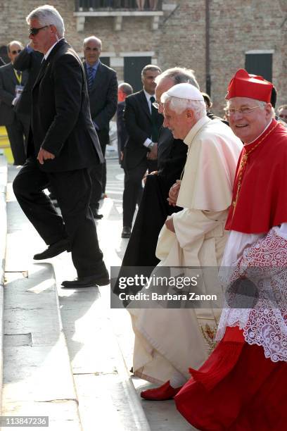 Pope Benedict XVI arrives to Salute Church on May 8, 2011 in Venice, Italy. Pope Benedict XVI is visiting Venice, some 26 years after predecessor...