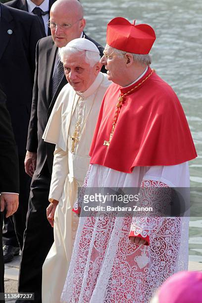 Pope Benedict XVI arrives to Salute Church on May 8, 2011 in Venice, Italy. Pope Benedict XVI is visiting Venice, some 26 years after predecessor...