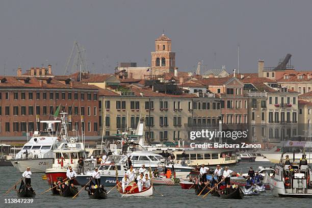 Pope Benedict XVI takes a gondola ride from Saint Mark Square to Salute Church on May 8, 2011 in Venice, Italy. Pope Benedict XVI is visiting Venice,...