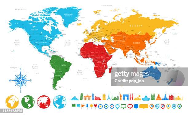 world map and travel icons - world map and detailed stock illustrations