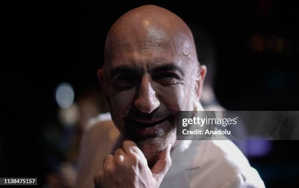Serhat Hacipasalioglu who will represent San Marino in the Eurovision Song Contest gestures during an exclusive interview in Madrid, Spain on April...