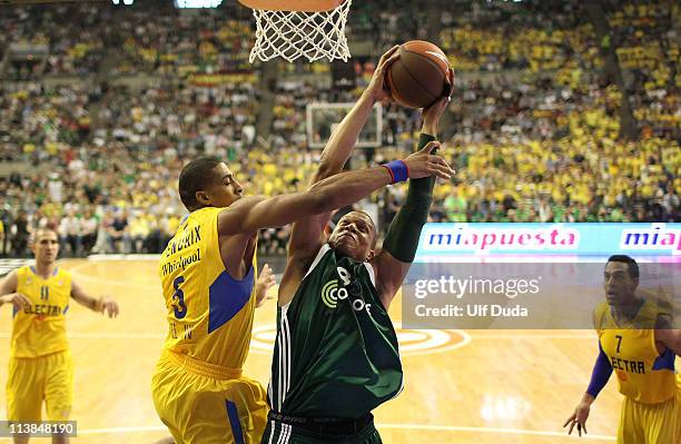 Mike Batiste, #8 of Panathinaikos Athens competes with Richard Hendrix, #5 of Maccabi Electra Tel Aviv during the Final Game of Turkish Airlines...