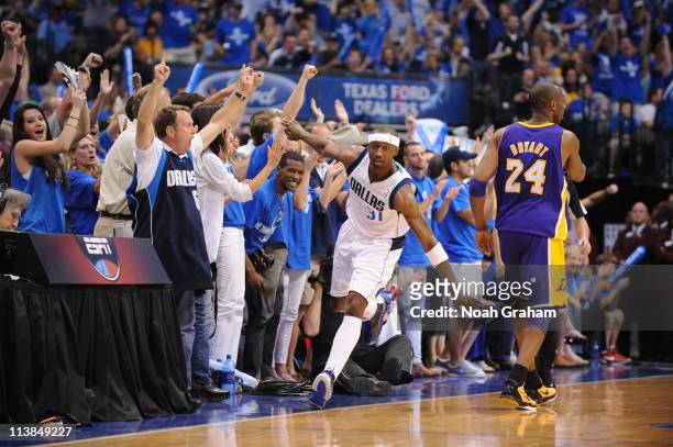 Jason Terry of the Dallas Mavericks celebrates after hitting a three against the Los Angeles Lakers during game Four of the Western Conference...