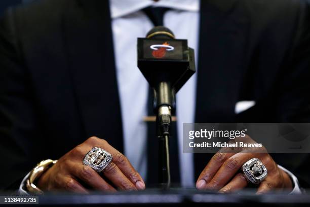 Detail of former Miami Heat player Chris Bosh's NBA Championship rings as he answers questions from the media prior his jersey retirement ceremony...