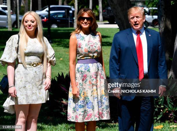 President Donald Trump, First Lady Melania Trump, and his daughter Tiffany Trump arrive at the Bethesda-by-the-Sea church for Easter services in Palm...