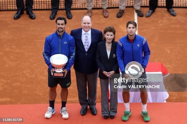 Winner Italy's Fabio Fognini and second-placed Serbia's Dusan Lajovic pose with their trophy next to Prince Albert II of Monaco and Baroness...