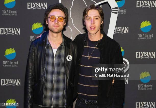 Johnny Bond and Ryan Evan 'Van' McCann of Catfish and the Bottlemen pose for a photo before an EndSession hosted by 107.7 The End at Showbox SoDo on...