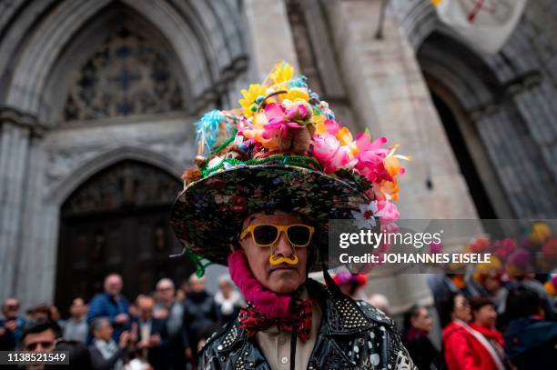 Man wears a decorated hat during the annual NYC Easter Parade and Bonnet Festival on 5th Avenue in Manhattan on April 21, 2019 in New York City.