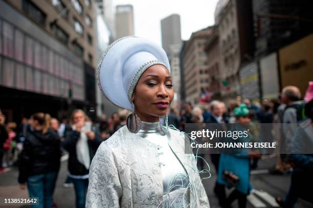 Woman wears a decorated hat during the annual NYC Easter Parade and Bonnet Festival on 5th Avenue in Manhattan on April 21, 2019 in New York City.