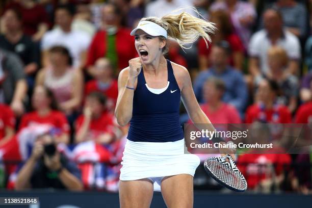 Great Britain's Katie Boulter celebrates winning a set during her second singles match against Zarina Diyas of Kazakhstan during the Fed Cup World...