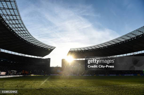 Sundown during the game between Hertha BSC against Hannover 96 at the Olympiastadion on April 21, 2019 in Berlin, Germany.