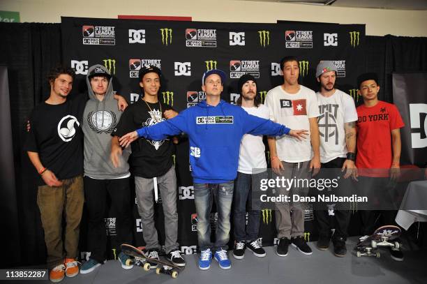 Skateboarders Torey Pudwill, Shane O'Neill, Nyjah Huston, Rob Dyrdek, Billy Marks, Mikey Taylor, Chris Cole, Chat Ortiz at the press conference at...