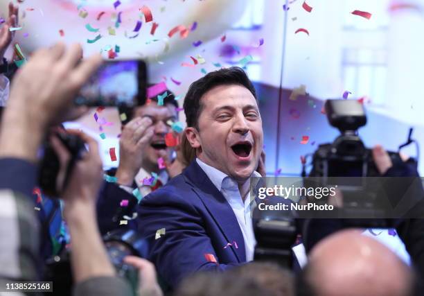 Ukrainian comedian and presidential candidate Volodymyr Zelenskiy smiles after the second round of presidential elections in Kiev, Ukraine, Sunday,...