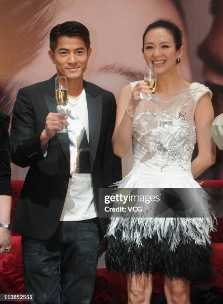 Chinese actress Zhang Ziyi and Hong Kong actor Aaron Kwok attend the press conference of new movie "Love For Life" at Shanghai IFC Mall on May 8,...